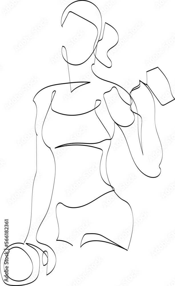 Vector illustration fitness girl with dumbbells, one line drawing 

