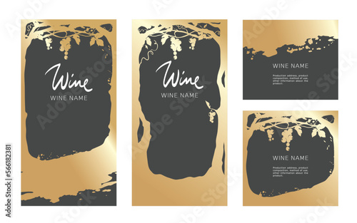 Collection labels for wine. Vector illustration, set of dark grey backgrounds with grapevine and gold strokes.