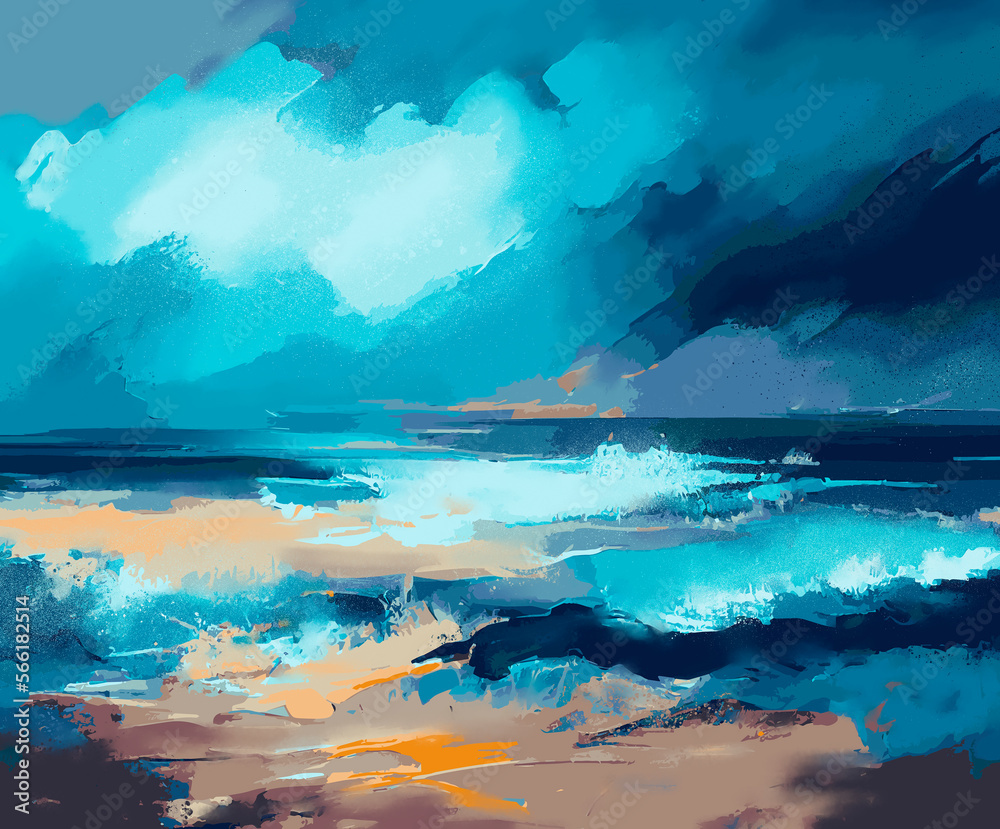 A digital painting of an abstract blur and orange seascape scene - obrazy, fototapety, plakaty 