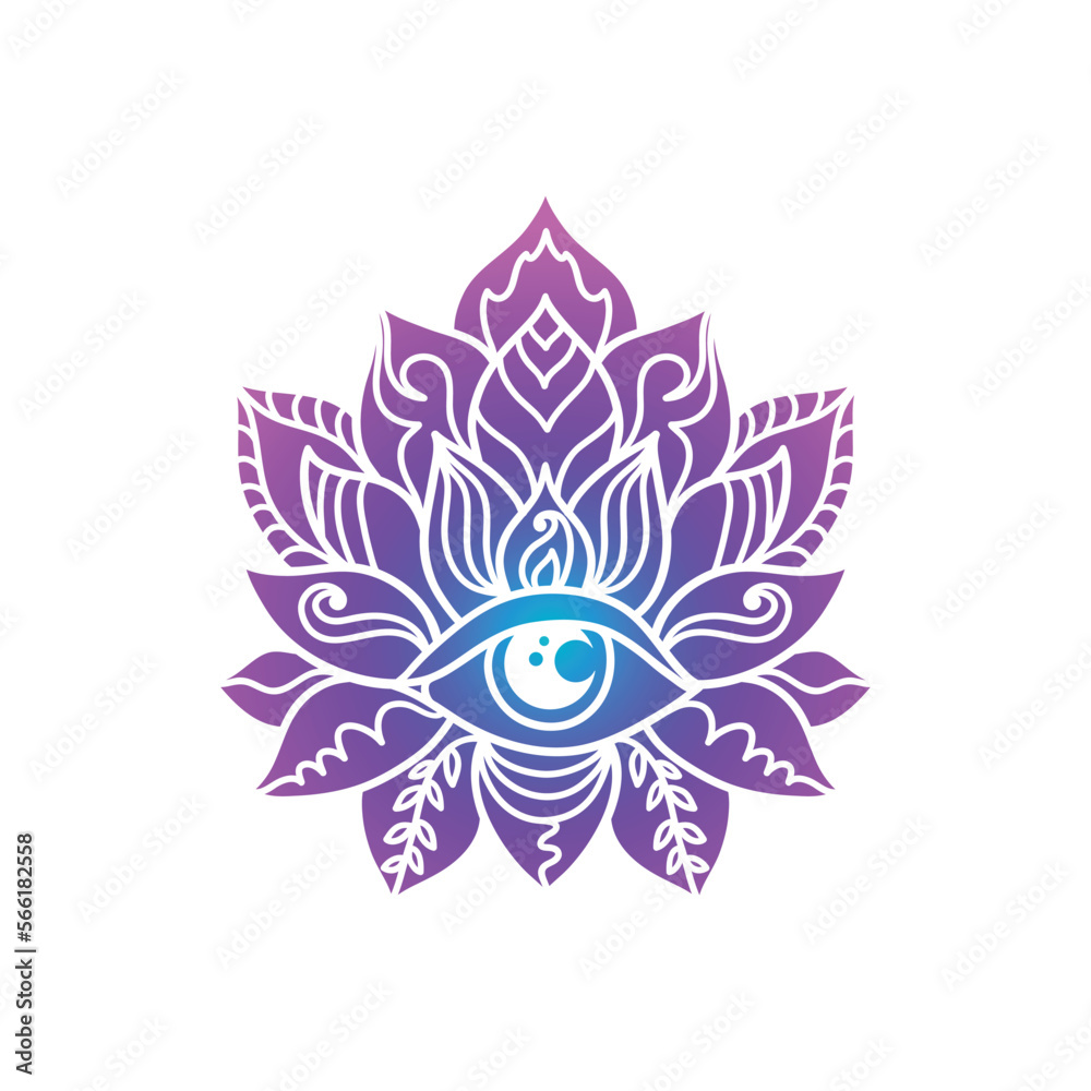 Ornamental  lotus flower pattern with third eye. Decoration in oriental, Indian style