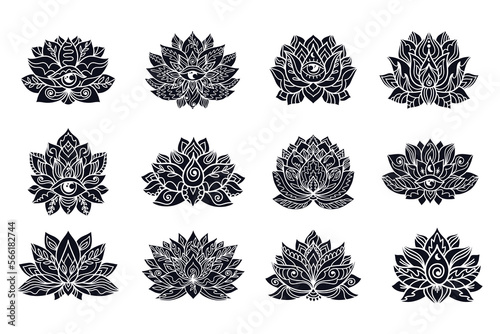 Set of ornamental  lotus flower patterns with third eye. Decoration in oriental, Indian style.