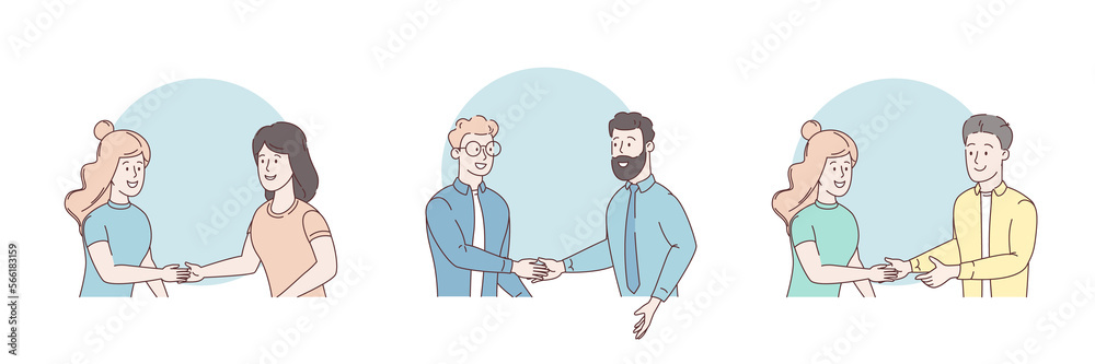 Meeting of business people. Several couples of people in business clothes shaking hands. Symbol of success deal, happy partnership, greeting shake, handshaking agreement. Set of 3 illustrations Meeting of business people. Several couples of people in business clothes shaking hands. Symbol of success deal, happy partnership, greeting shake, handshaking agreement. Set of 3 illustrations