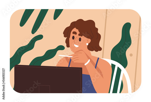 Happy business woman looking at computer at work. Smiling female employee, positive excited glad young office worker working online at desktop, surfing internet at PC. Flat vector illustration