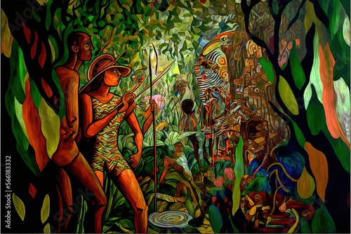 Fototapeta amazon art, hunters, in the jungle, natives, abstraction, canvas print, AI paint