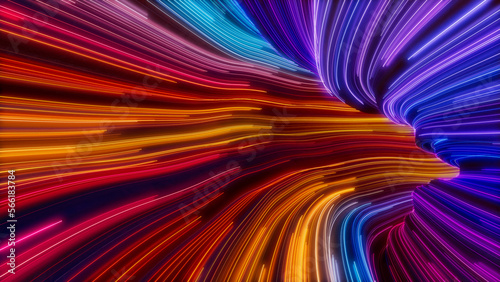 Orange, Pink and Turquoise Colored Stripes form Wavy Swoosh Tunnel. 3D Render. photo