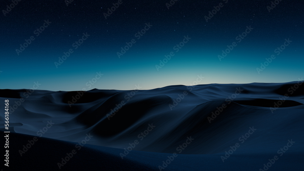 Night Landscape, with Desert Sand Dunes. Peaceful Modern Wallpaper with Blue Gradient Starry Sky Night Landscape, with Desert Sand Dunes. Peaceful Modern Wallpaper with Blue Gradient Starry Sky