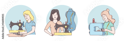 A woman seamstress works on a sewing machine. Female fashion designer at her workplace. Seamstress sewing on an industrial sewing machine. Fashion and tailoring concept. Set of 3 vector illustrations
