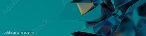 Futuristic Tech Banner, with Shiny Crystal Shapes. Colorful, Teal and Blue 3D Render with copy-space. 