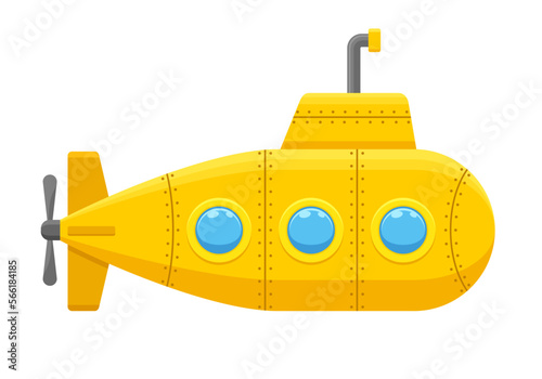 Yellow submarine with periscope isolated on white background. Underwater ship, bathyscaphe floating under sea water. Vector illustration photo
