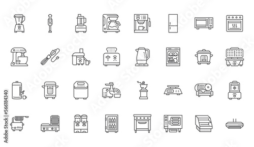 Kitchen appliance line icons set. Microwave oven, combi steamer, toaster, food processor, freezer, toaster, coffee machine vector illustration. Outline signs about cooking equipment. Editable Stroke