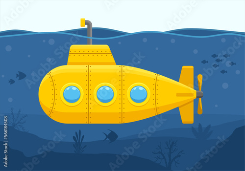 Yellow Submarine with periscope floating under sea water. Underwater ship exploring at the bottom of sea. Marine life with fish, coral and seaweed. Bathyscaphe ocean scene. Vector illustration