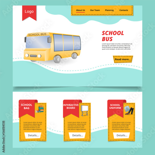School bus flat landing page website template. School bag, interactive board, school uniform. Web banner with header, content and footer. Vector illustration.