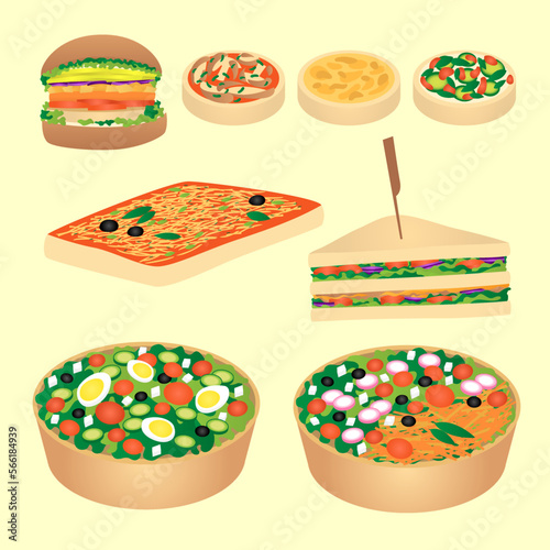 Collection d'aliments pour un repas rapide et sain : hamberger végétarien, sandwich, tartelettes salées, salades fraiches et pizza de boulangerie