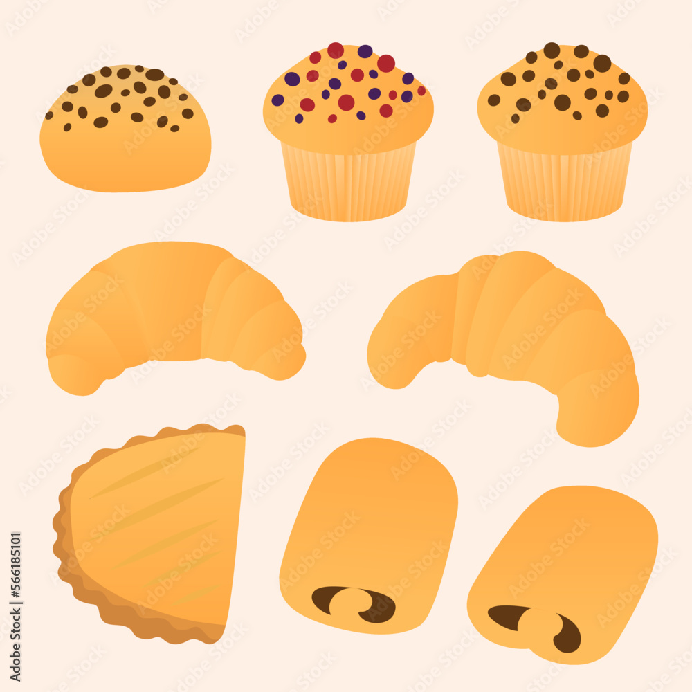 Collection de viennoiseries sucrées de boulangerie - pâtisserie française avec des croissants, pains au chocolat, chausson aux pommes, muffin et brioche au sucre, au chocolat ou au fruits rouges