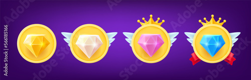 Different rank emblems with color crystals. Game achievement badges collection. 3d vector clipart