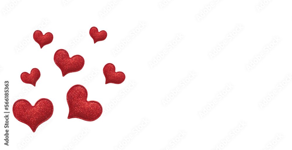 Red glitter hearts on white background. Decorations for valentine's day greeting card