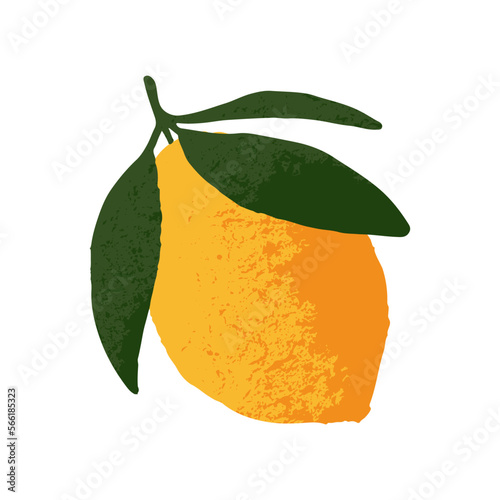 Lemon, whole citrus fruit with leaf. Fresh tropical healthy food in yellow peel, skin with leaves. Exotic sour eating. Flat vector illustration isolated on white background