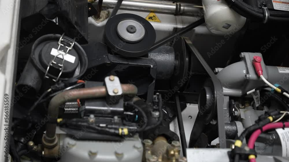 working engines inside a reefer trailer. Belts rotating.
