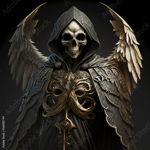 Angel of death with black robe, golden wings and skull head.Generative ai.