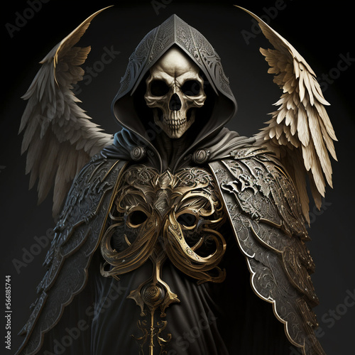 Angel of death with black robe, golden wings and skull head.Generative ai.