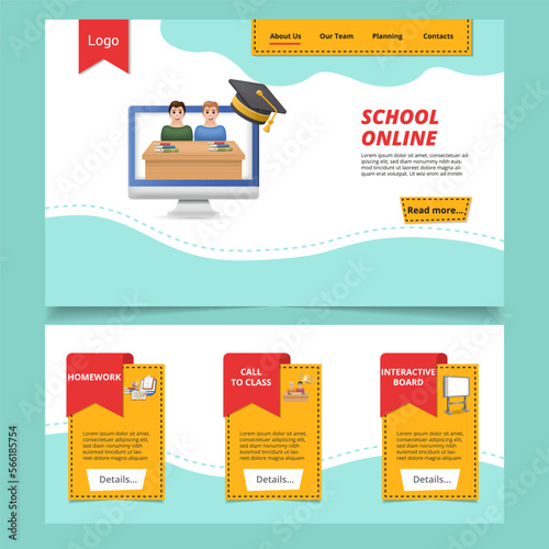 Online school flat landing page website template. Homework, call to class, interactive board. Web banner with header, content and footer. Vector illustration.