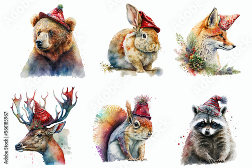 Watercolor illustration set of Christmas animals wearing santa hat. Hand-drawn illustration isolated on white background in boho style.