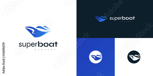 Blue Modern Super Boat Logo Design. Sailboat, Cruise or Yacht Logo