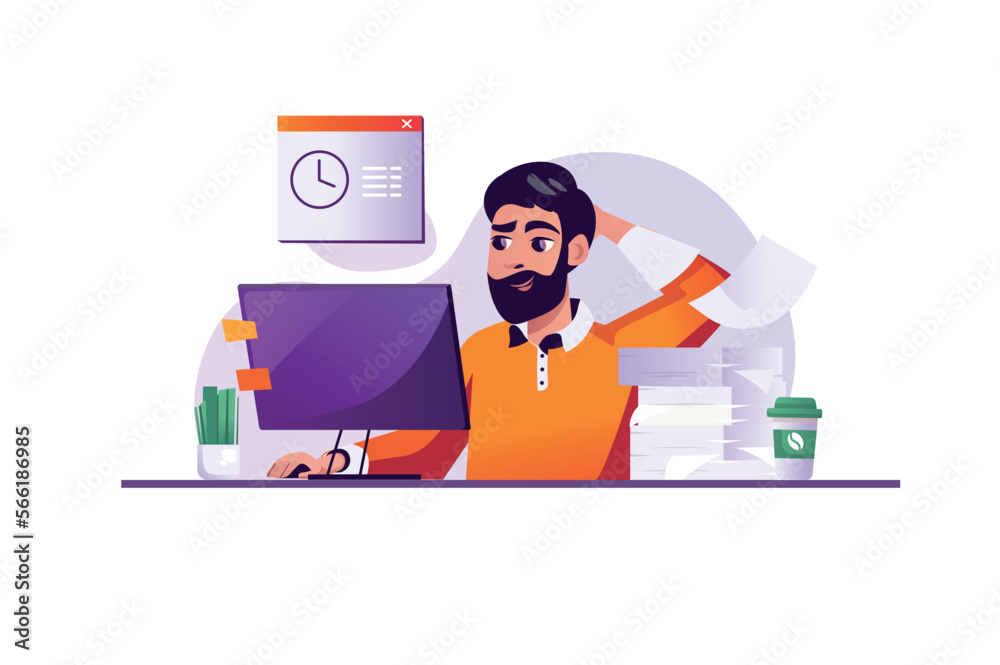 Deadline purple concept with people scene in the flat cartoon style. Man with a lot of papers tries to work quickly. Vector illustration.