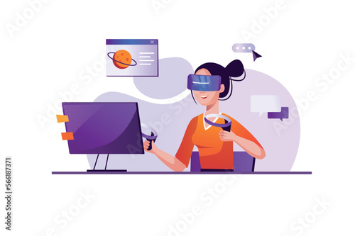 Metaverse purple concept with people scene in the flat cartoon style. Girl is in virtual space, which she entered with the help of a computer and digital technologies. Vector illustration.