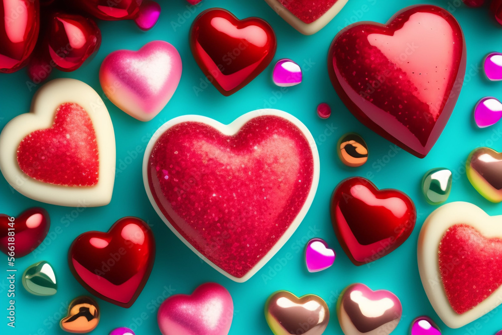 Happy valentine’s day wallpaper. Beautiful heart shaped candies background. Generative AI.
