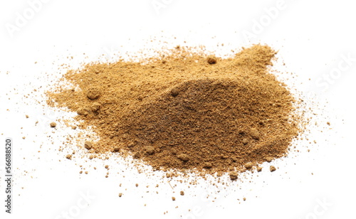 Tikka masala spice powder mix pile, coriander, cumin, garlic, red pepper chili, mint, black pepper and ginger isolated on white