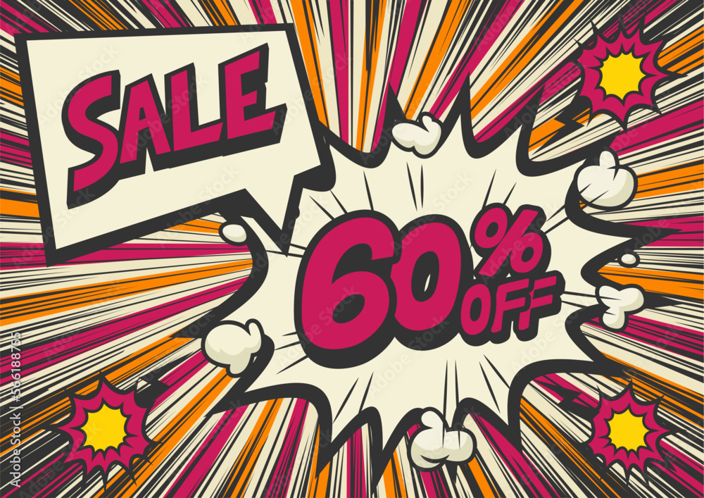 60 Percent OFF Discount on a Comics style bang shape background. Pop art comic discount promotion banners.

