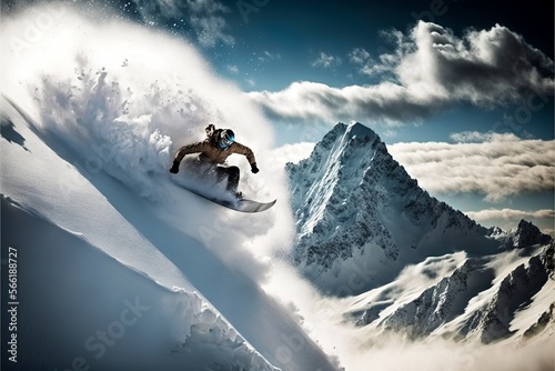 Snowboarder doing trick in winter alps 