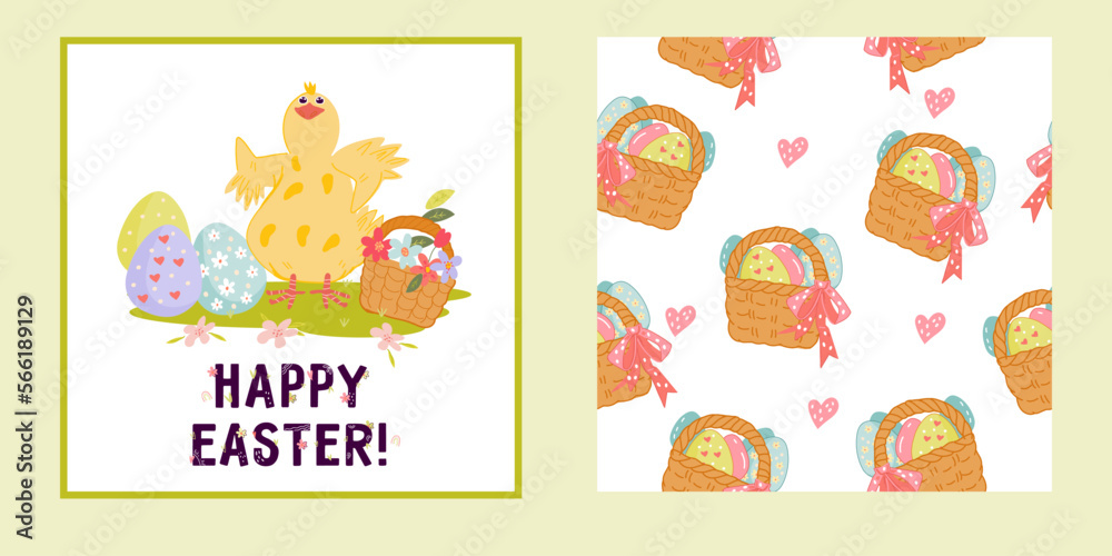 Easter greeting card with chick and matching seamless pattern in kawaii style vector illustration. Easter spring set for holiday wrapping and design.