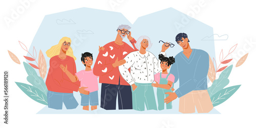 Parents, grandparents and children together at decorative background. Illustration for family help, healthcare and support topic, flat vector illustration isolated on white background.