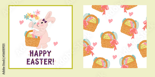 Easter greeting card with rabbit and matching seamless pattern, hand drawn vector illustration. Easter decorative spring set for holiday wrapping and design.