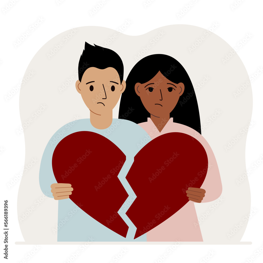 A sad man and woman are holding pieces of a broken red heart in their hands. Broken heart. A sad man and woman are holding pieces of a broken red heart in their hands. Broken heart.