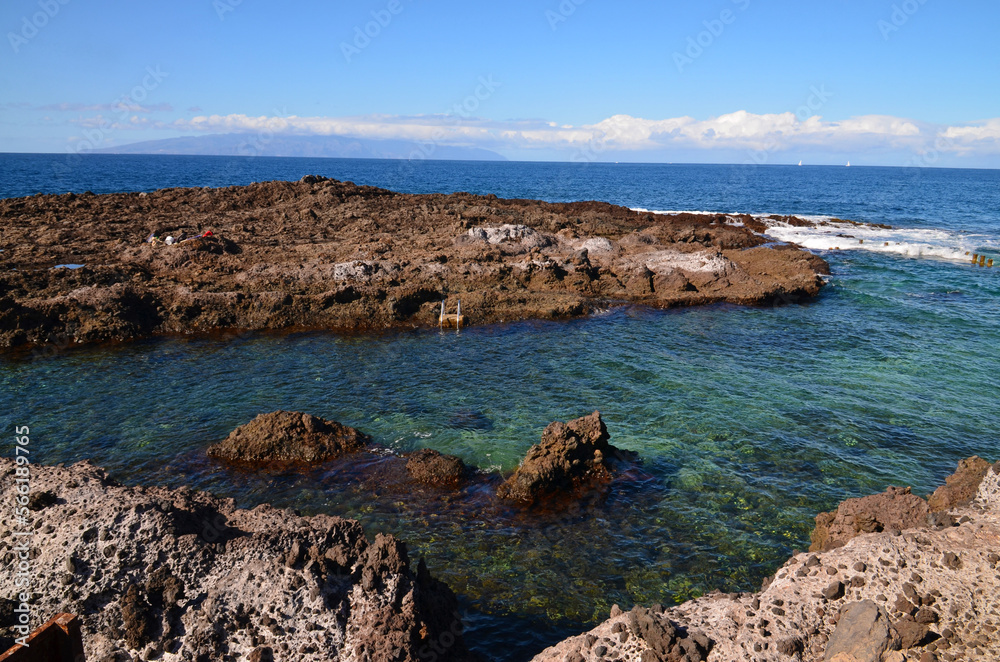 Natural pools for swimming and snorkeling in Alcala Tenerife, Canary islands, Spain. Selective focus.