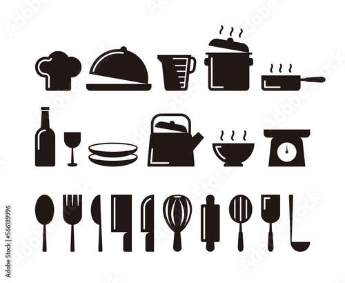 Kitchen tools or kitchenware set icon, silhouette vector on white background.