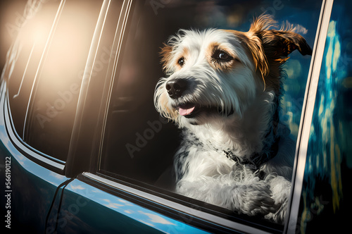 Alone Dog locked in hot car. Danger Health threat of animal, Help of pet overheating or hypothermia. Generation AI