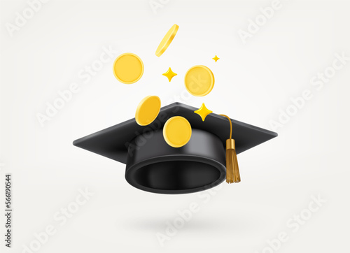 Graduation cap with gold coins. Pay for education concept. 3d vector illustration