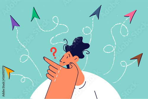 Confused man with arrows facing different directions 