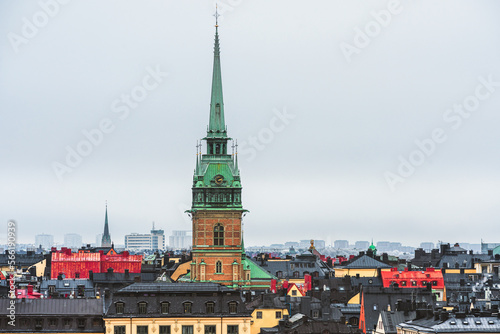 Gamla Stan skyline in Stockholm, Sweden's capital city in winter with Saint Gertrud bell tower
