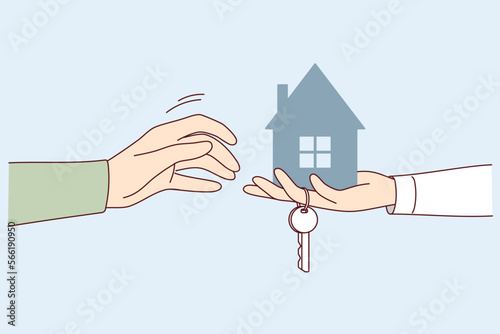 Hand of realtor with key to new apartment stretches model of house to buyer. Concept renting out building or buying your own real estate for investment and capital preservation. Flat vector design 