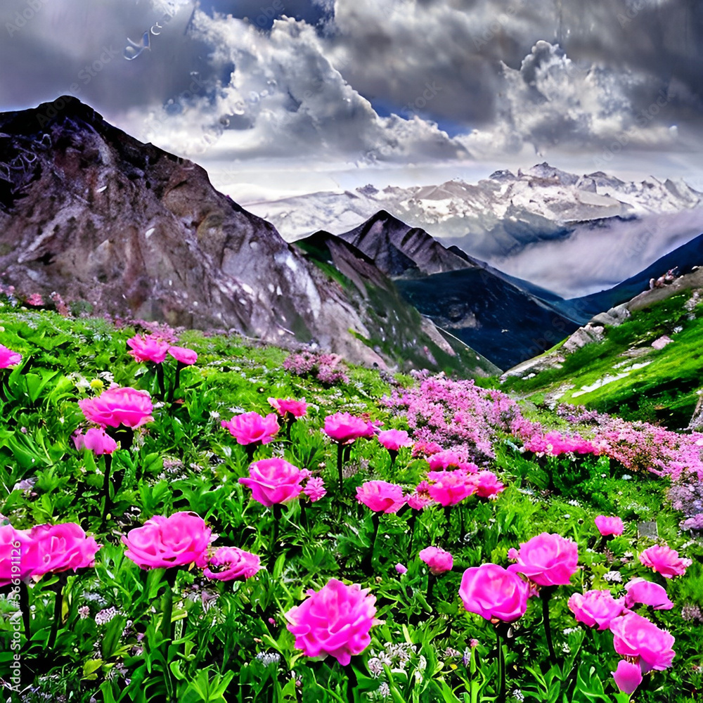 meadow with flowers and mountains meadow with flowers and mountains