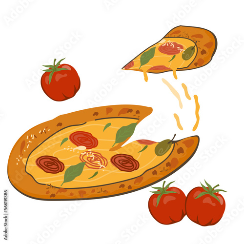 Pizza with tomatoes and cheese. Pizzeria restaurant and Italian cuisine background, flat vector illustration isolated on white background. Pizza banner or poster, pizzeria logo or signboard design.
