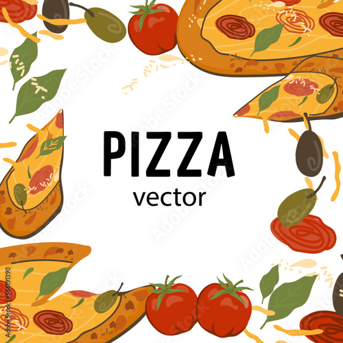 Pizzeria restaurant and Italian cuisine menu background with fresh pizza and food ingredients, flat vector illustration on white background. Pizza banner or poster, pizzeria signboard design.