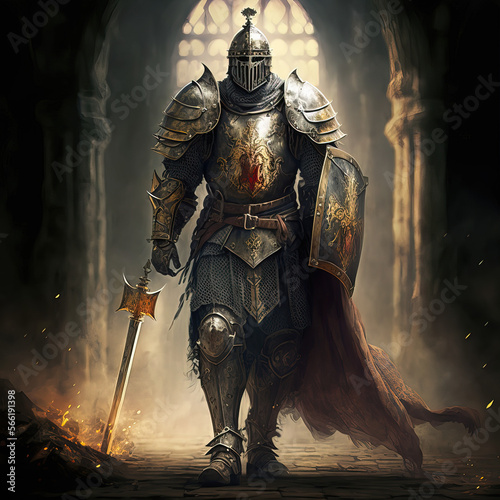 Fototapet Realistic painting of a beautiful dark knight standing in an arch, with god rays