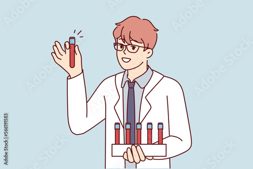 Young man scientist in white coat holds test tubes with blood samples for scientific experiments. Smart guy working as doctor in private clinic demonstrates plastic flask. Flat vector illustration 