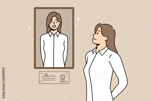 Happy young businesswoman look at picture of herself in frame hanging on wall. Smiling proud woman adore her photo. Pride and self-esteem. Vector illustration. 
